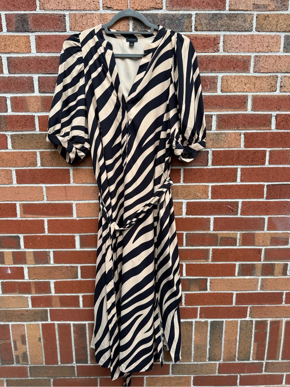 Ann Taylor Zebra Print Puff Sleeve Tie Waist Midi Dress Size Large